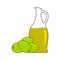 Green olives icon with a bottle of olive oil. Cute image of four olives in one pile and a glass bottle of oil. Isolated