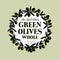 Green Olives Logo and Label. Olives with leaves in a circle.