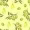 Green olives seamless pattern. Vector illustration of oil drops, branches with olives and green leaves.