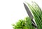 Green onions, dill, parsley, kitchen knife on white background. Flat top view