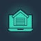 Green Online real estate house on laptop icon isolated on blue background. Home loan concept, rent, buy, buying a