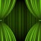 Green open theater curtain vector template. Velvet shade with tint revealing stage in red banner space.