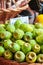 Green opuntia fruits on a local market in Funchal, Madeira, Portugal. Prickly pear or Indian figs. Exotic fruits are grown on