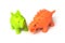 green and orange color plastic dinosaurs toys on white background