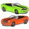 Green and orange sport car without top. Classic vintage sportcar. Two retro automobile isolated. Vector