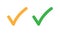 Green and orange ticks. Checkmark right icon, vector marker shape sign. Correct mark vote symbol