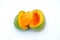 The green orenge slice mango isolated on white background