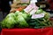 Green organic chard and fresh lettuce on a street market table