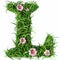 Green organic grass with tiny flowers made letter L on white clean background. Environment concept. Generative AI