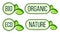 Green organic products labels. Organic, natural, bio, eco vector labels.