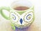 Green owl mug with tea watercolor still life illustration