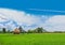 Green paddy rice field with the straw, animal feed, the beautiful sky and cloud in Thailand