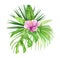 Green palm leaves and flowers bouquet. Tropical plant. Hand painted watercolor illustration isolated on white background