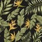 Green palm leaves yellow tropical flowers seamless black background