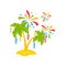 Green palm trees on the sand and colorful festive salute. Brazilian carnival theme. Flat vector design