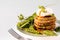 Green pancakes with spinach and poached egg. Tasty healthy european breakfast. copy space