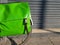 Green pannier on a bicycle