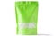 Green paper doypack stand up bio pouch with window zipper on white background filled with rice