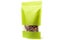 Green paper doypack standup pouch filled with hazelnuts with window and zipper front view on white background