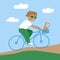 Green parcels delivery by bike. Guy cyclist with a package on minimalistic nature background. Eco friendly delivery concept
