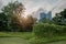 Green park sunny morning .Cityscape, landscape, background.