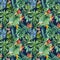 Green parrot. Floral tropical seamless pattern with palm leaves. Jungle botanical watercolor illustrations