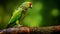 Green Parrot Perched On Wood Branch Photographic Style