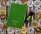 Green passport, metal coins background. US dollars. Metal coins. Gold silver bitcoin, crypto currency, identification. Memory card