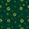 Green Patrick`s Day background with golden horseshoe and clover. Patrick`s Day design. Seamless Pattern. Can be used for wallpap