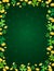 Green Patricks Day background with frame of golden coins and clover. Patrick`s Day design. Greetings card. Can be used for