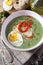 Green pea soup with spinach. Olive oil, red grilled bell pepper and half of boiled egg dressing