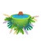 green peace half planet with water splash drops , cheerful plants and flowers . concept cartoon funny cute illustration