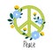 Green Peace Sign with Blooming Flowers as Symbol of Friendship and Harmony Vector Illustration