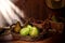Green Pears on Old Country Farm Stand Wood Table