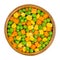 Green peas, corn and carrot cubes, mixed vegetables in wooden bowl