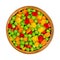 Green peas and diced bell peppers, mixed vegetables in wooden bowl