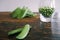 Green peas in glass bowl. fresh pea in the pod with green leaves. green peas on a brown wodden table