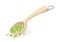 Green peas are in measuring wooden or plastic spoon, scoop, ladle, bailer with metallic d-ring hung.