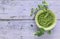 Green peas, table with cracked coating, topview, copyspace