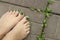 Green pedicure for women`s short nails.