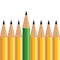 Green pencil stands out of several yellow pencils