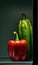 A green pepper and a red pepper are sitting in a refrigerator, AI