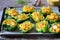 Green peppers stuffed with pumpkin. Selective focus. Macro.