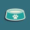 Green Pet food bowl for cat or dog icon isolated on green background. Dog or cat paw print. Long shadow style. Vector