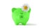 Green piggy bank with daisy flower on white background - Concept of saving money, ecology and recycling