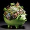 A green piggy bank with a group of buildings and money