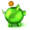 Green piggybank polished golden coin. Piggy bank good