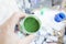 green pigment powder for painting in hand