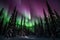 Green pink aurora borealis over the forest