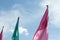 Green and pink flags on a blue sky background, copy space. Political Forum Concept